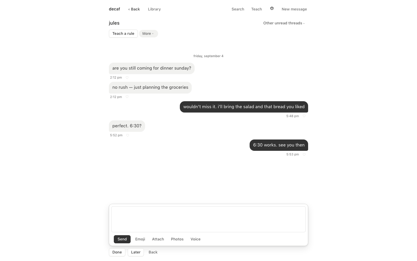 A thread with jules in Decaf: the messages, and the compose box below